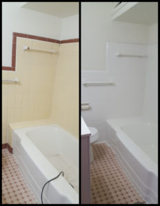 A bathroom with white tub