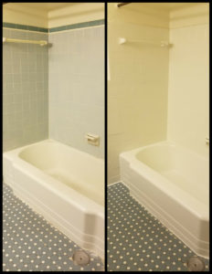 A bathroom with a tub