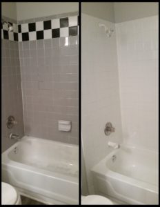 A bathroom with checkered walls and another with white walls